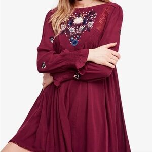 NWOT - Free People Embroidered Burgundy Dress - XS